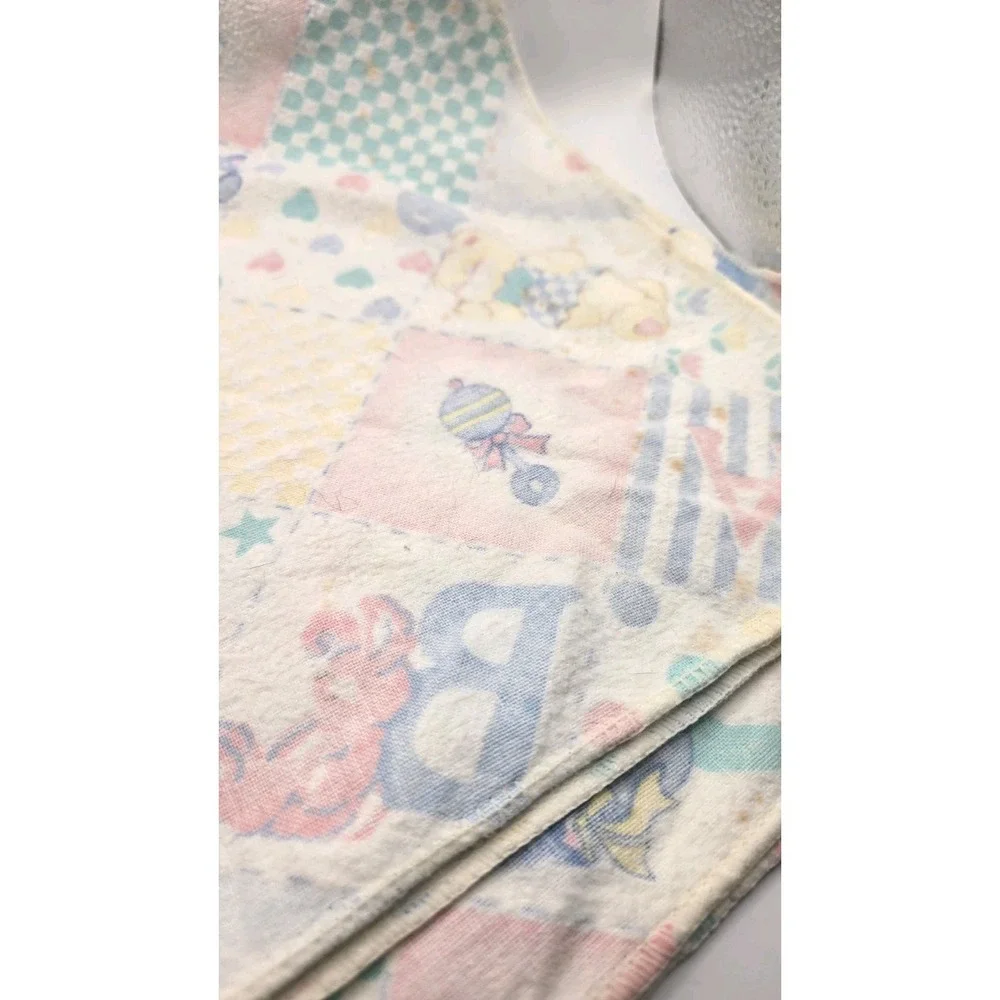 Vintage Riegel Baby Blanket Patchwork Style Teddy Bear Pastel Nursery USA 80s